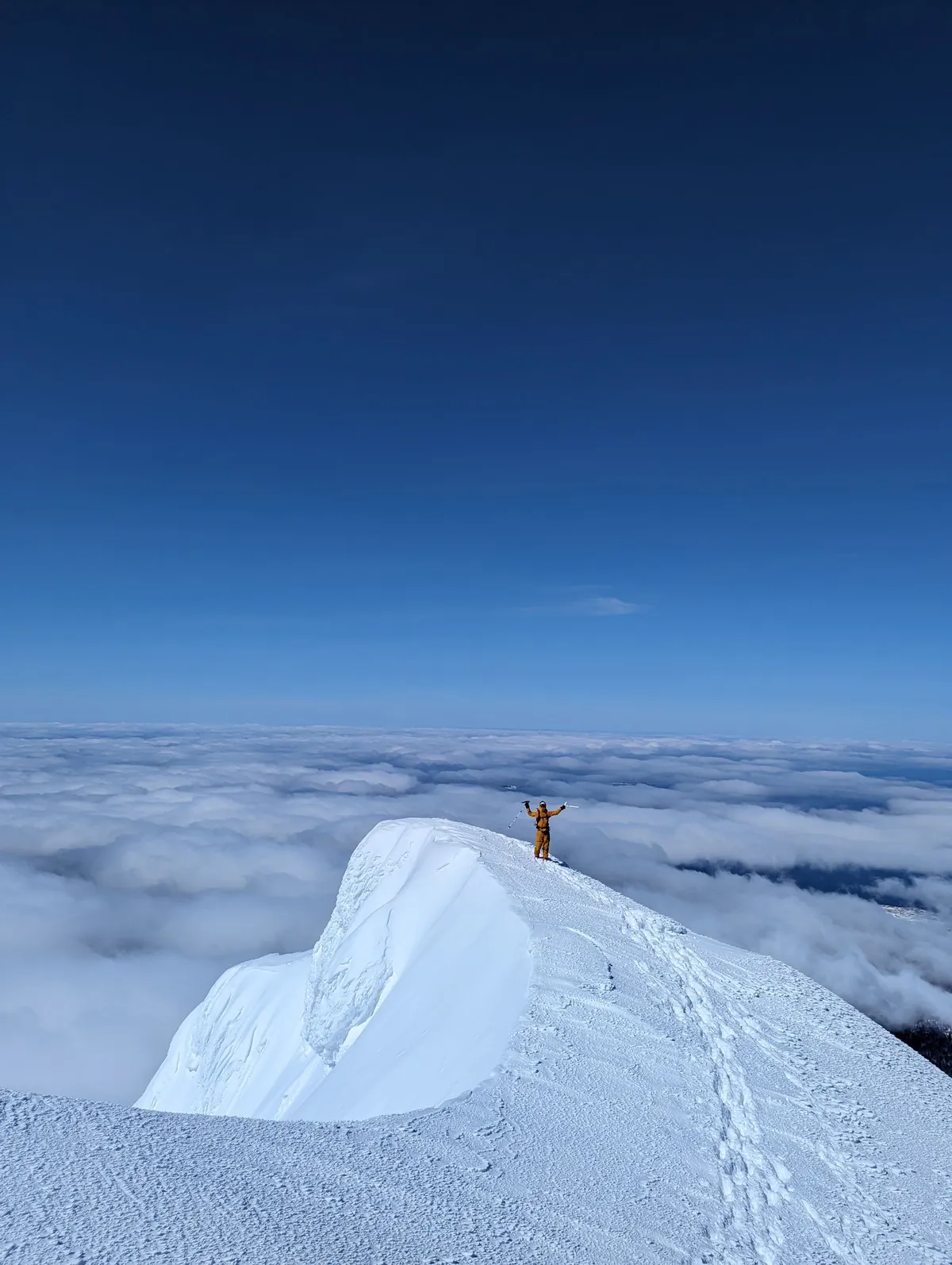 Skier celebrating on the summit ridge of Mount Rishiri above a sea of clouds